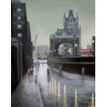 Steven Scholes (b1952), "Tower Bridge from St Katharines Way London 1962", oil on board, 39cm x