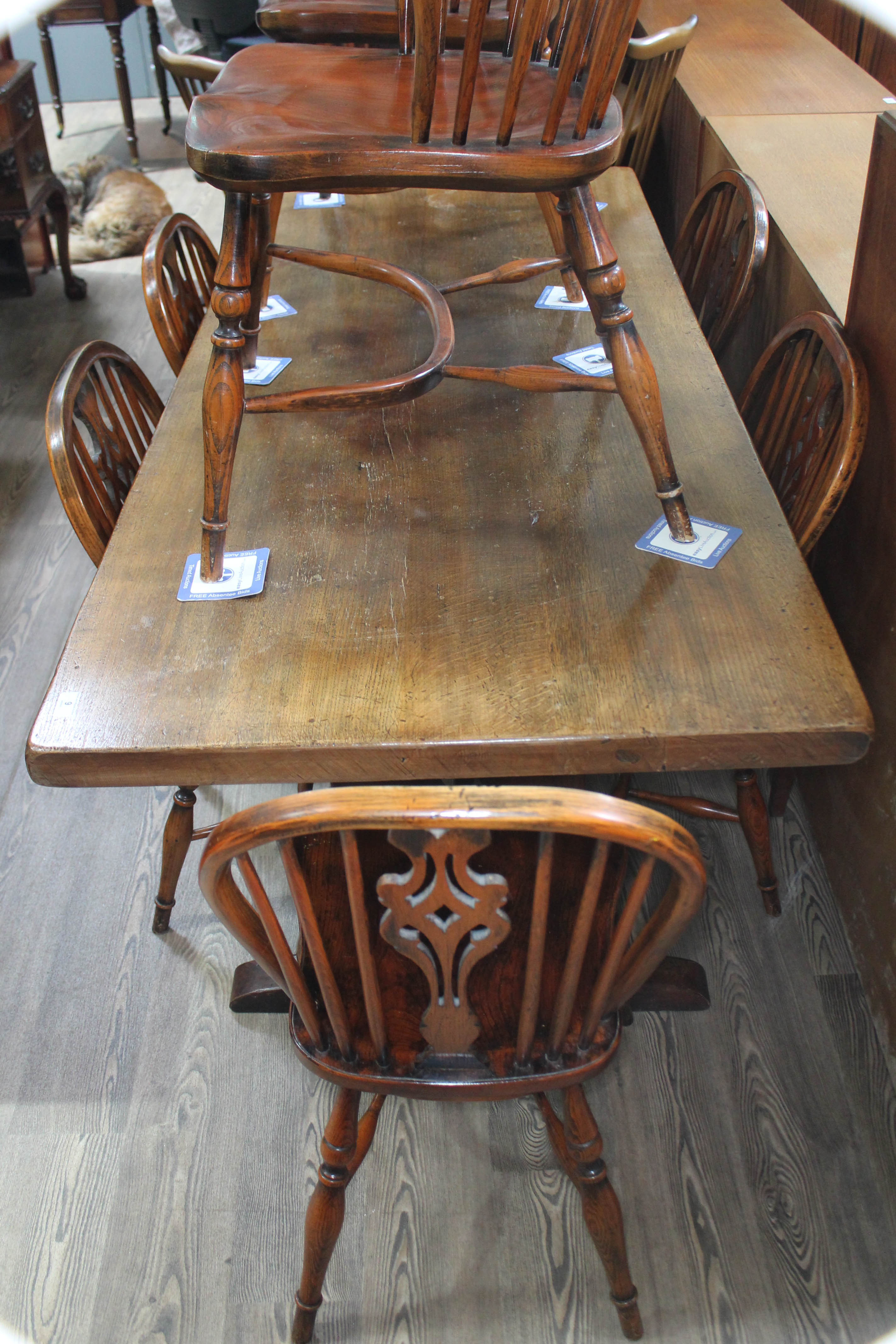 A Batheaston reproduction oak refectory table with eight ash and elm seated chairs comprising a - Image 3 of 10