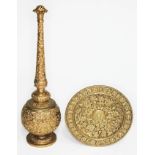 A 19th century gilt brass incense burner and tray formed as a Mughal rosewater sprinkler, height