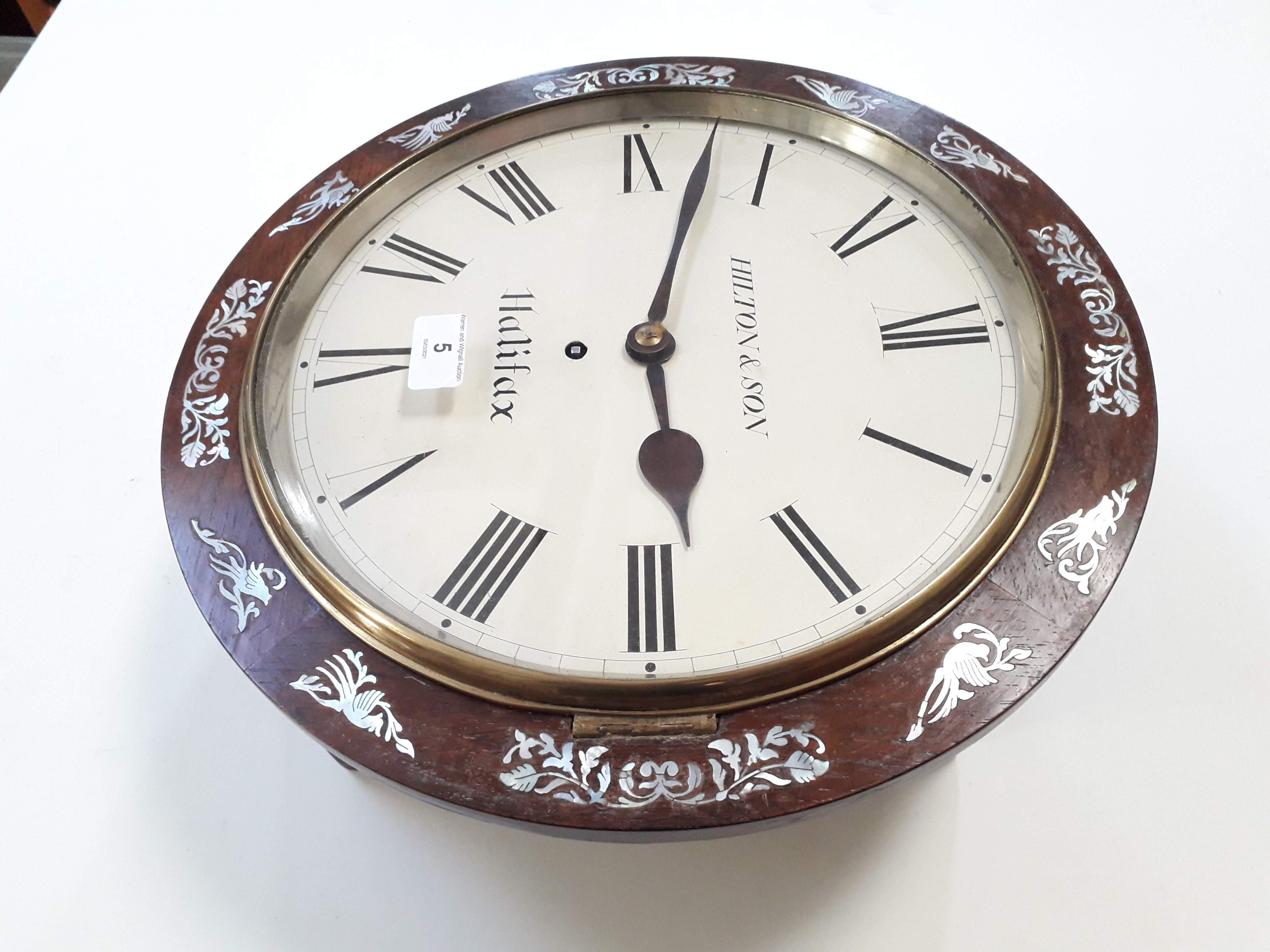 An early 19th century mother of pearl inlaid rosewood wall clock, the 12" dial painted with Roman - Image 8 of 9