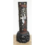A Japanese carved wood and bamboo shibayama stick stand, Meiji period, height 65cm. Condition -
