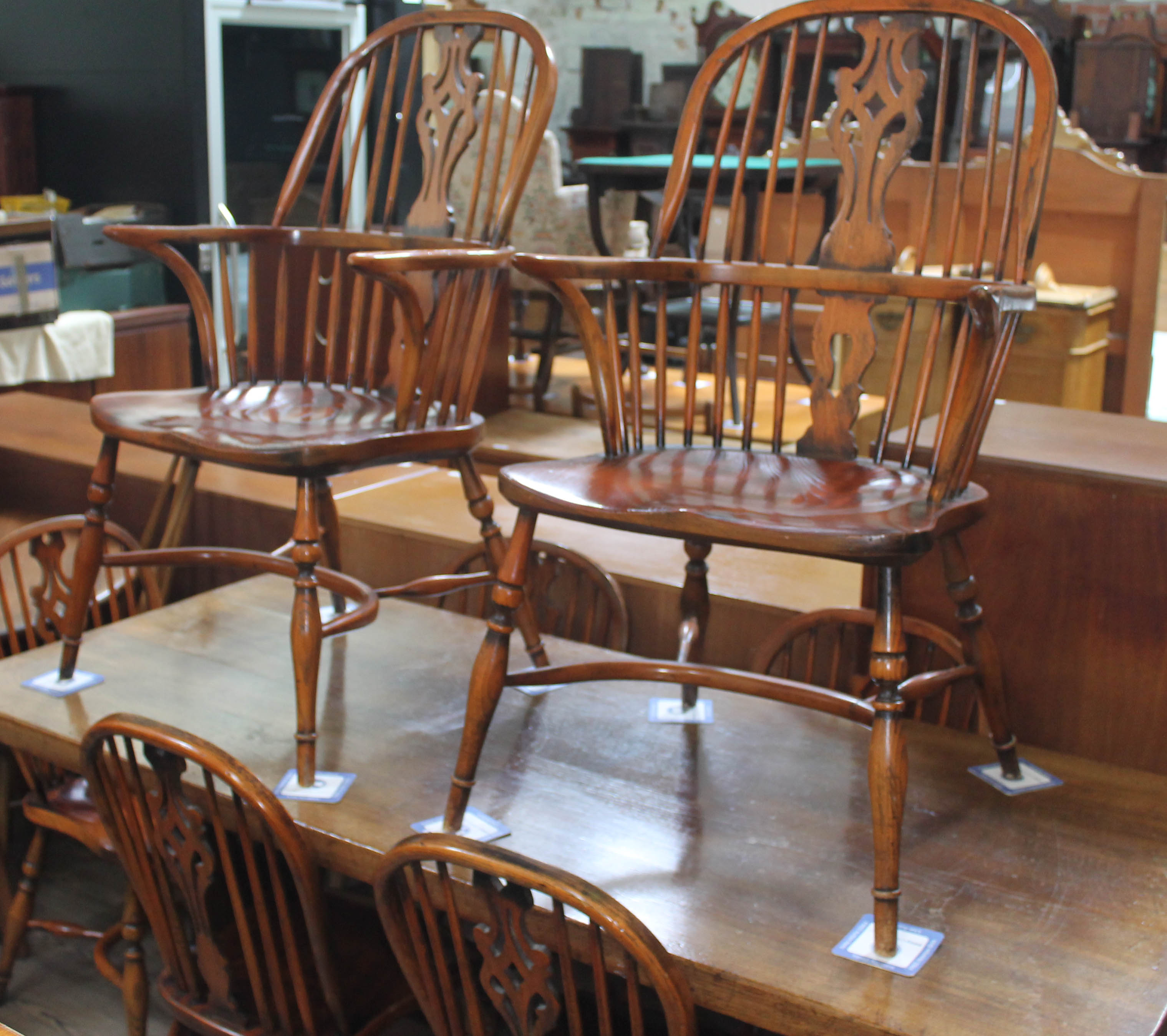 A Batheaston reproduction oak refectory table with eight ash and elm seated chairs comprising a - Image 4 of 10