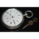 A Victorian hallmarked silver patent lever pocket watch having Roman numerals and Fleur De Lys hands