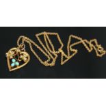 An Edwardian heart shaped pendant with three leaf clovers set with turquoise and split pearls,