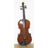 An antique violin, length of back 361mm, stamped HOPF, with hard case and two bows.