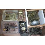 A box of clock parts including two fusee movements, an eight day long case clock movement and