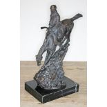 A modern bronze depicting a Native American riding a bucking horse on marble base, height 34cm.