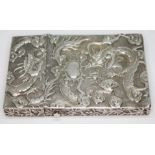 A Chinese export silver card case, embossed with flowering trees and dragons, indistinctly marked On