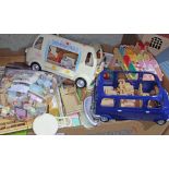Two boxes of Sylvanian Families toys including buildings, vehicles, figures, furniture,