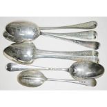 Seven silver spoons, various makers George II and later, lengths 17.5cm to 21.5cm, gross wt. 14oz.