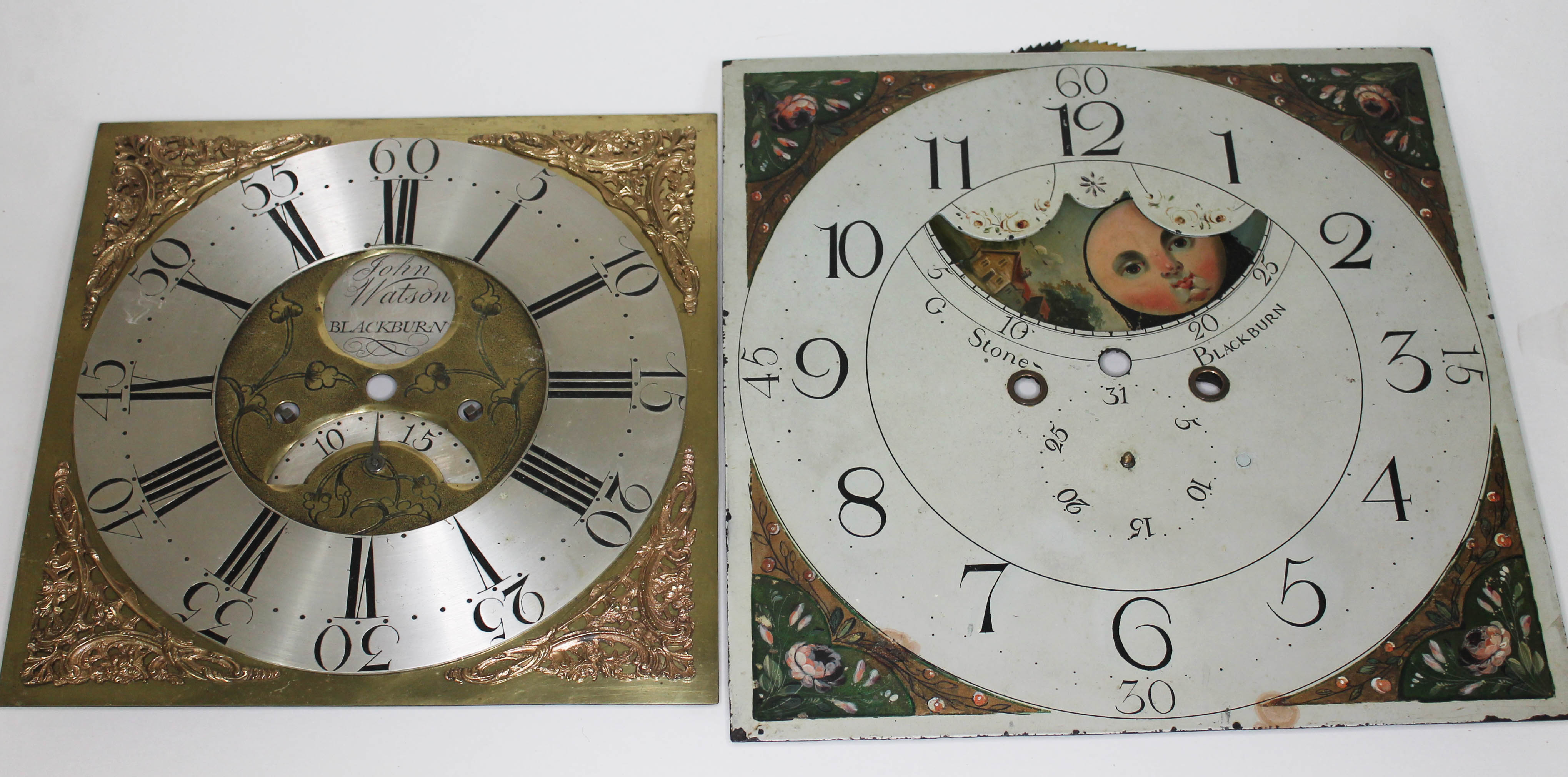 Two long case clock dials, one signed John Watson Blackburn and the other Stone Blackburn, 12" and