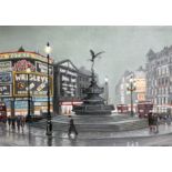 Steven Scholes (b1952), "Piccadilly Circus London 1962", oil on board, 34cm x 24cm, signed lower