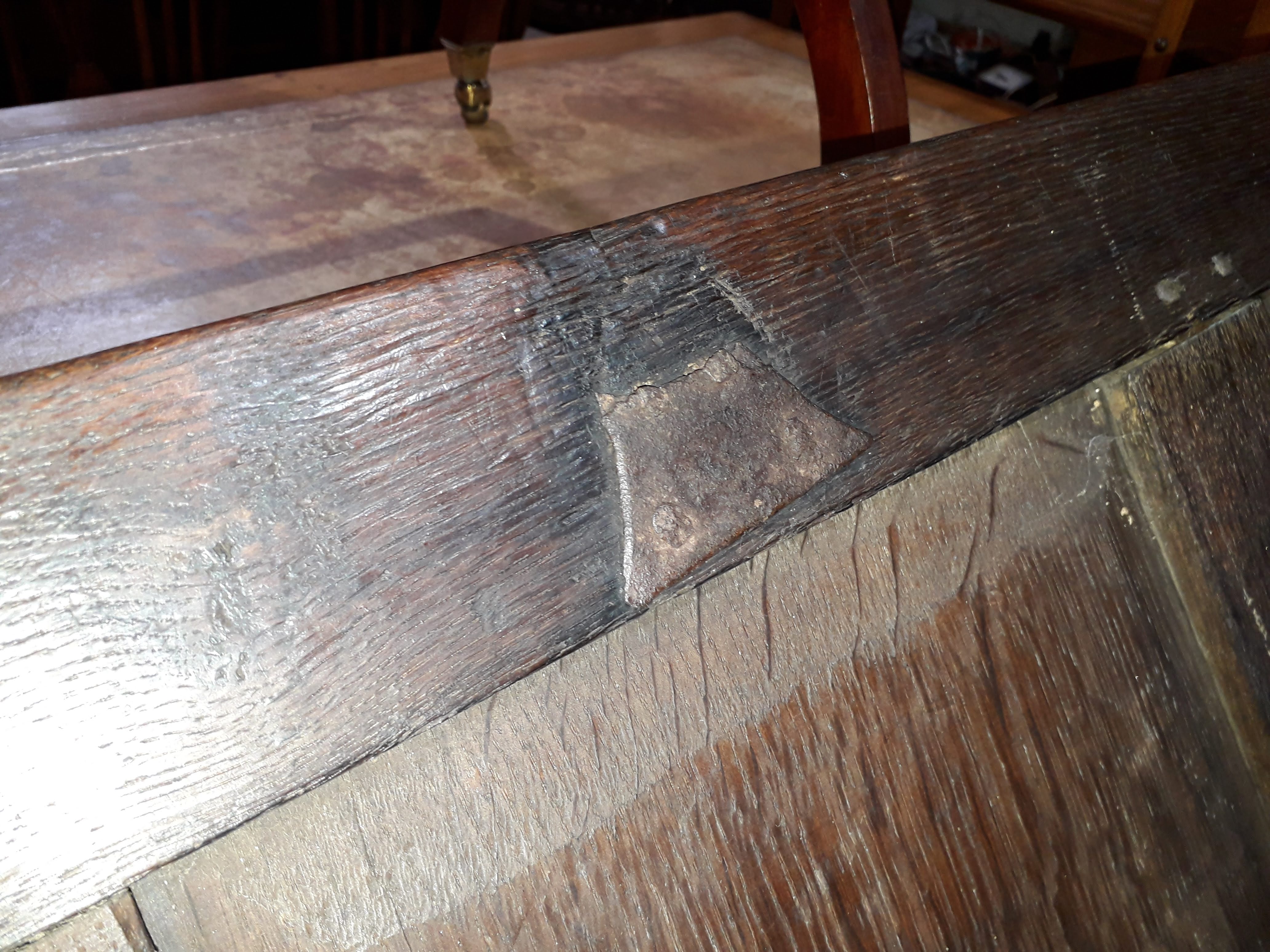 A 17th century carved and panelled joined oak coffer, length 107.5cm, depth 45cm & height 62cm. - Image 7 of 11