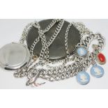 A mixed lot of silver jewellery and items including two compacts, one suspending on chain, another