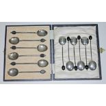 Two sets of six hallmarked silver bean spoons, one cased.
