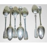 A matched set of five hallmarked silver spoons, Georgian and later, together with a foreign spoon
