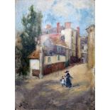 Early 20th Century School, Continental street scene with woman and child, oil on card, 9cm x 12.5cm,
