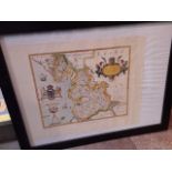 A reproduction Saxon map of Lancashire, glazed and framed 89cm x 70cm.