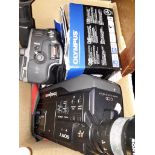 A box of cameras including Sony Handycam video 8, Olympus digital camera, Canon video camera etc