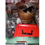 A box of misc. to include, lock box, coal bucket, mortice lock and vintage phone etc.
