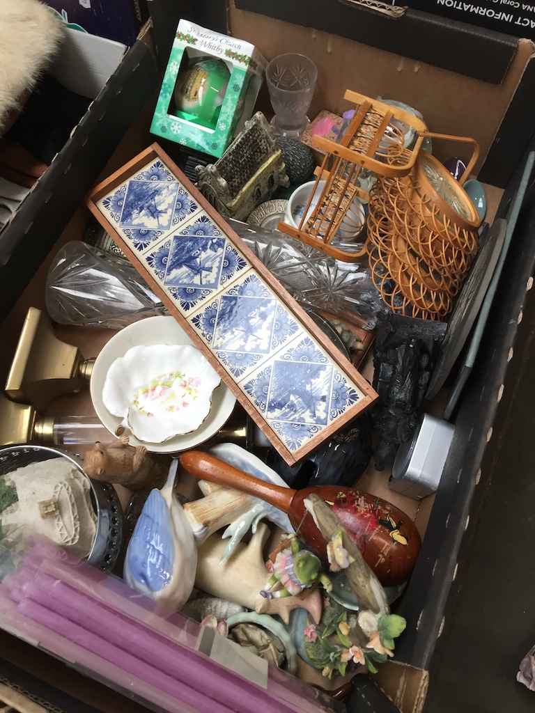 Box of ornaments and glass etc.