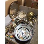 Box of pottery and brassware etc.