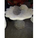 A half clam concrete bird bath.