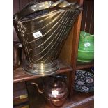 Brass coal bucket and small copper kettle
