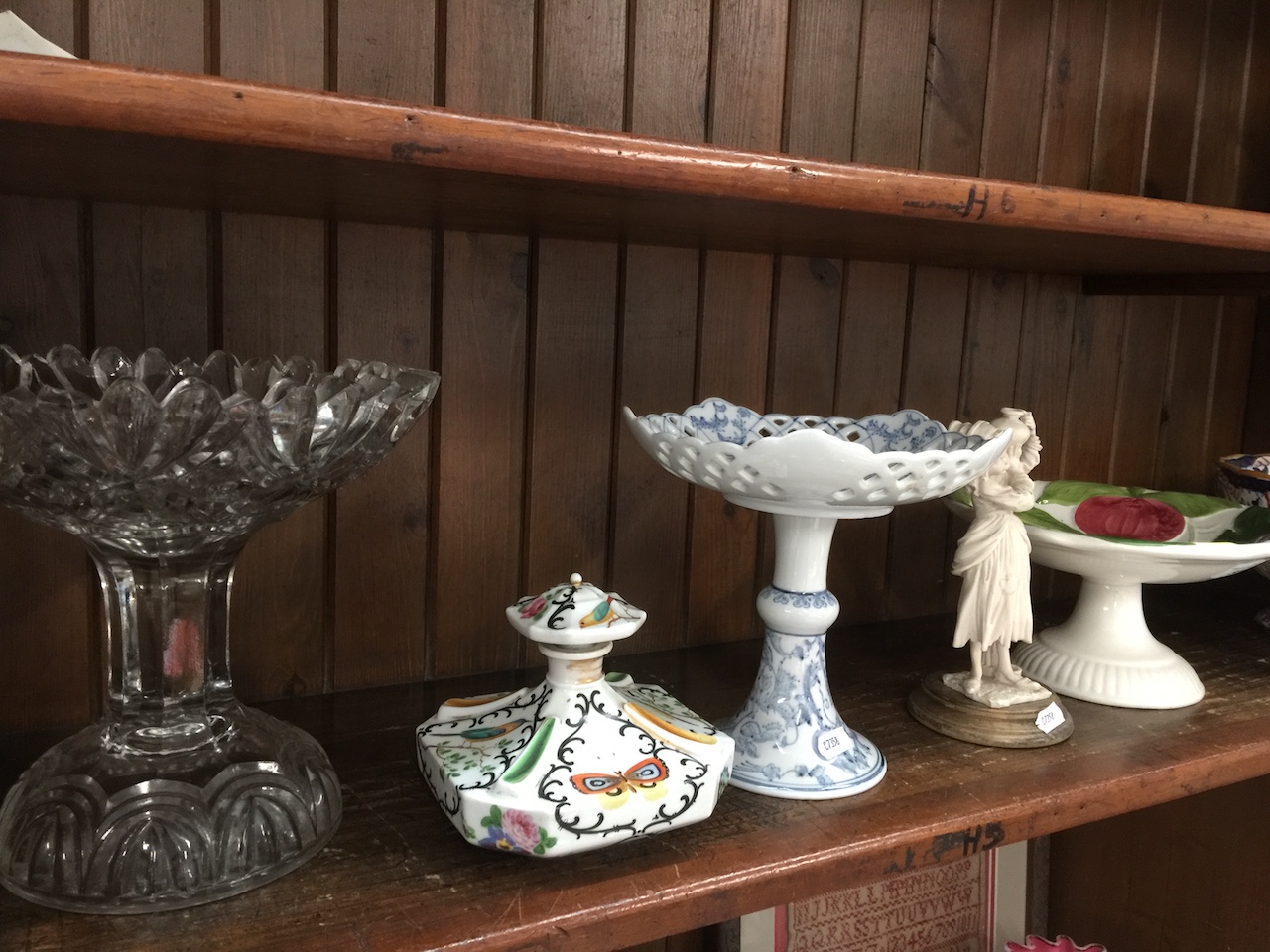 Two cakestands, glass bowl, figure and Edwardian scent bottle