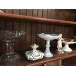 Two cakestands, glass bowl, figure and Edwardian scent bottle