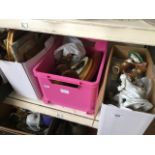 Box of ornaments and two boxes of pictures, plaques etc.