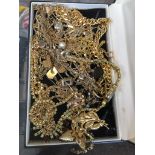 A box of yellow metal, vintage and costume jewellery