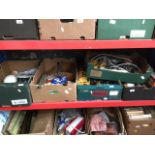 Five boxes of mixed items including hand tools, brassware, collectables etc