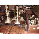 Metalware including brass candlesticks and other brassware, a bed warming pan and a vintage