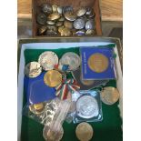 Box of coins and metal casket of buttons