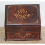 An inlaid rosewood stationary box circa 1900, width 30cm, depth 17.5cm & height 24.5cm.