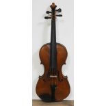 A violin with two piece back, length 356mm, bearing indistinct interior label, with hard case and