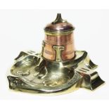 An Art Nouveau/Secessionist brass and copper inkstand, probably Austrian, unmarked, length 20cm.