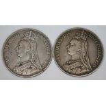 Two Victoria Jubilee head crowns 1891