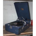 A HMV blue table top portable gramophone.