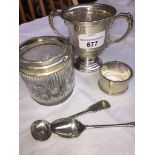 Three items of silver and two plated spoons
