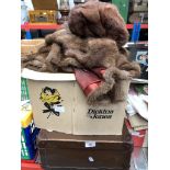 A vintage suitcase, Original hatbox containing 3 hats and a fur coat