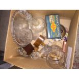 Box with glassware inc decanter, plated hip flasks and a vintage Smiths Potato Crisps tin