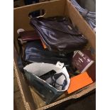 A box of handbags, purses, belts, some leather