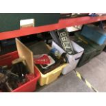 Three metal toolboxes and three tubs of garage ware including tools, car parts, old registration
