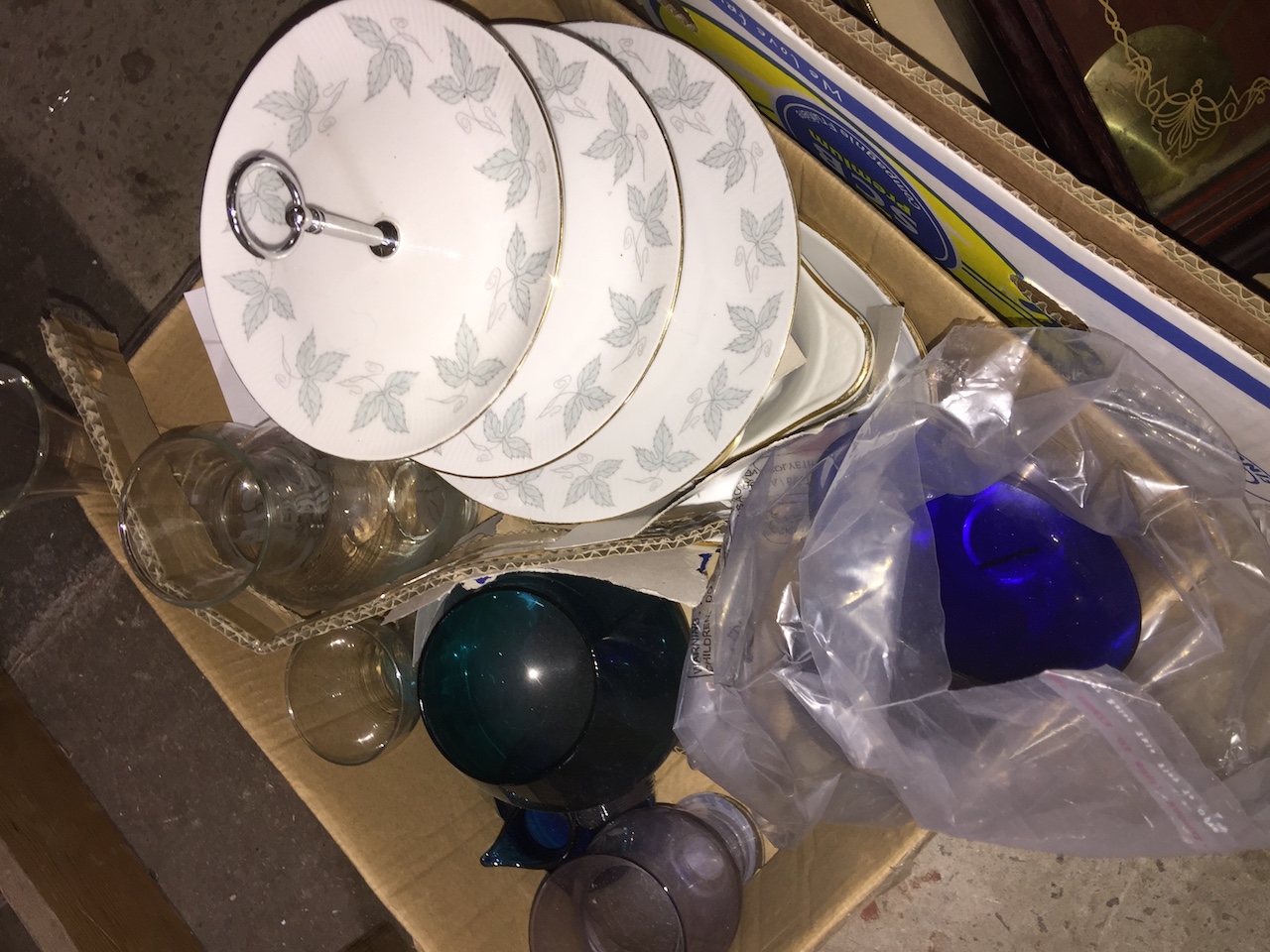 A mixed box of glassware, three Royal Worcester dishes, Caithness vase and a cake stand.