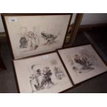 A set of three French comical dentist scene coloured engravings, indistinctly signed in pencil lower