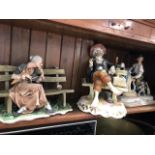 4 Capo di Monte figures, including one seated smoking, and one seated playing piano, one old lady on