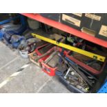 A quantity of tools including 3 engineers vices, spirit level, saws etc