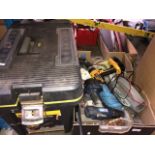 A Stanley wheelie toolbox and contents and a box of electric and hand tools